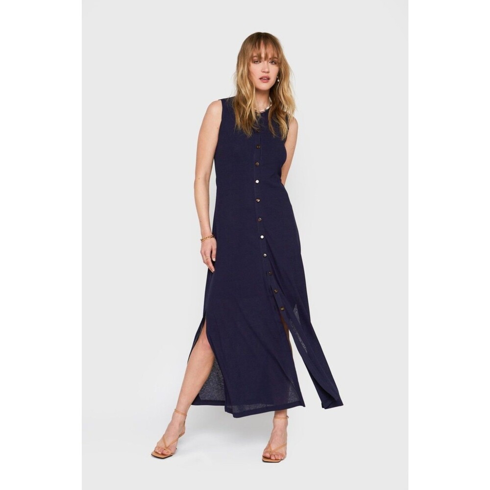 Callahan MiraDress Womens Small Blue Knit Button Front Tank Maxi Slit Sleeveless